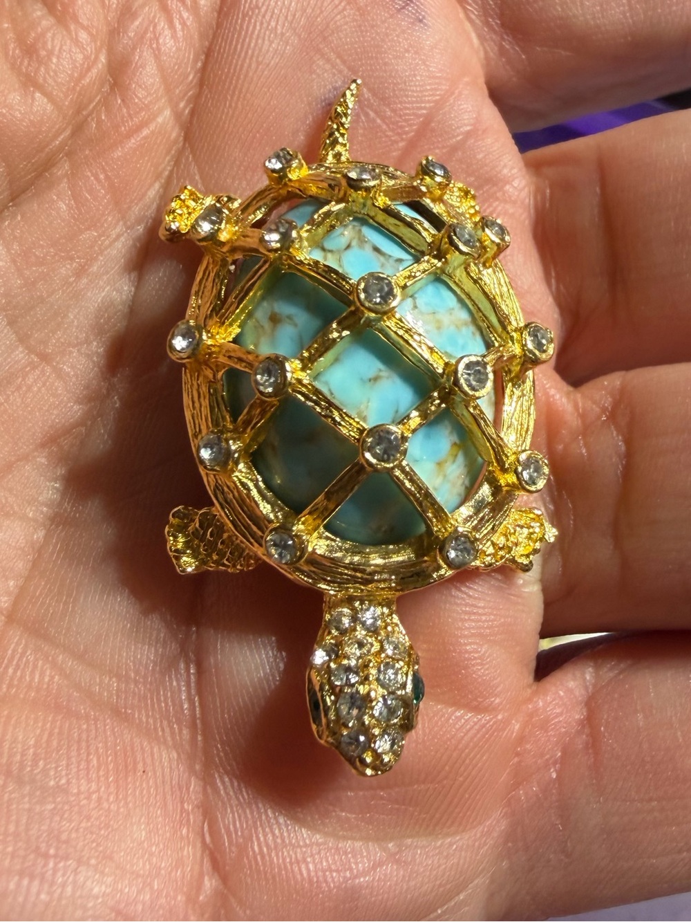 Vintage Maresca Gold-Tone Turtle Brooch Turquoise-Colored Cabochon & Crystals